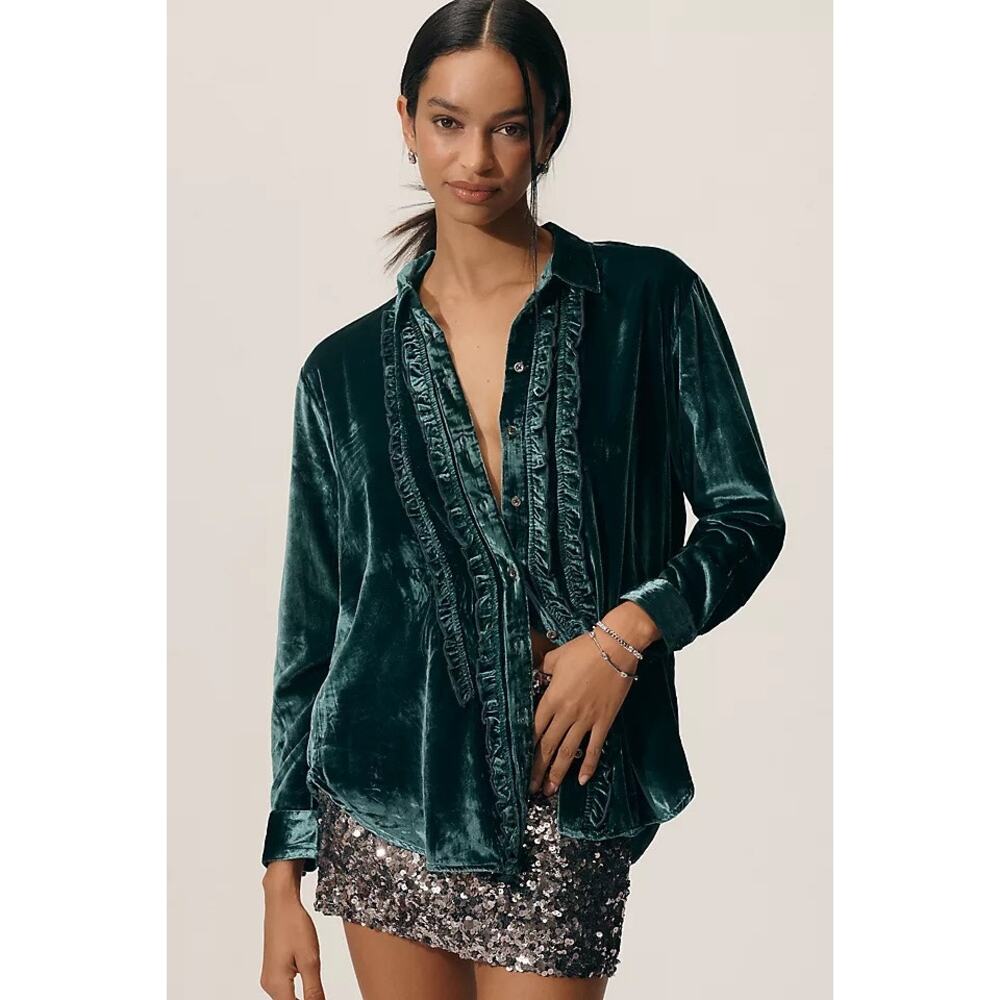 Pilcro Green Crushed Velvet Longsleeve Button Up Blouse Top Collared Office XS